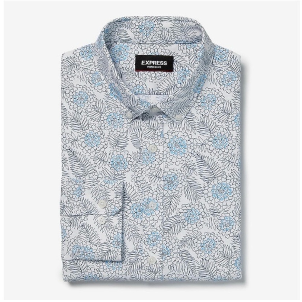 EXPRESS Men's Blue Floral Slim Fit Long Sleeved Shirt size Large Slim - Picture 1 of 7